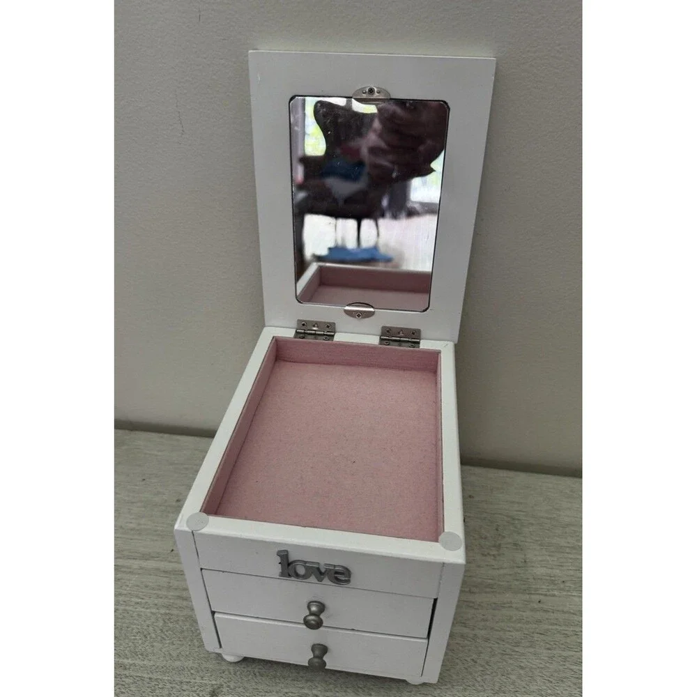 White Wood Jewelry Box 3 Drawers Mirror Ring Rolls Picture Frame 